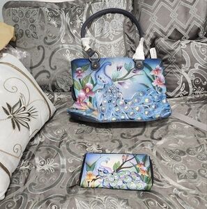 Anuschka Midnight Peacock Purse And Wallet  Handpainted Genuine Leather